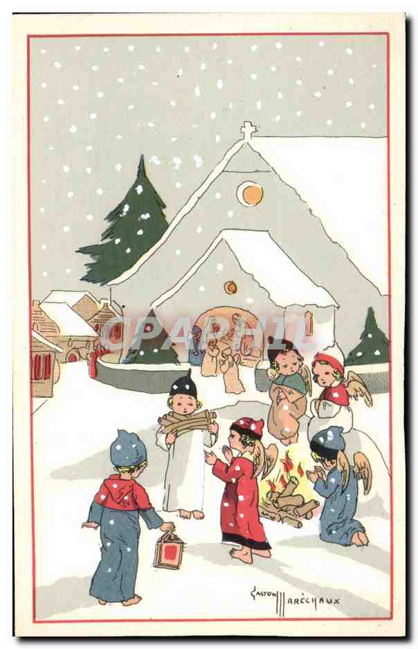 Enfants et anges devant une église enneigée — Éditeur : Bouasse-Jeune et Cie, n° P.C. 10