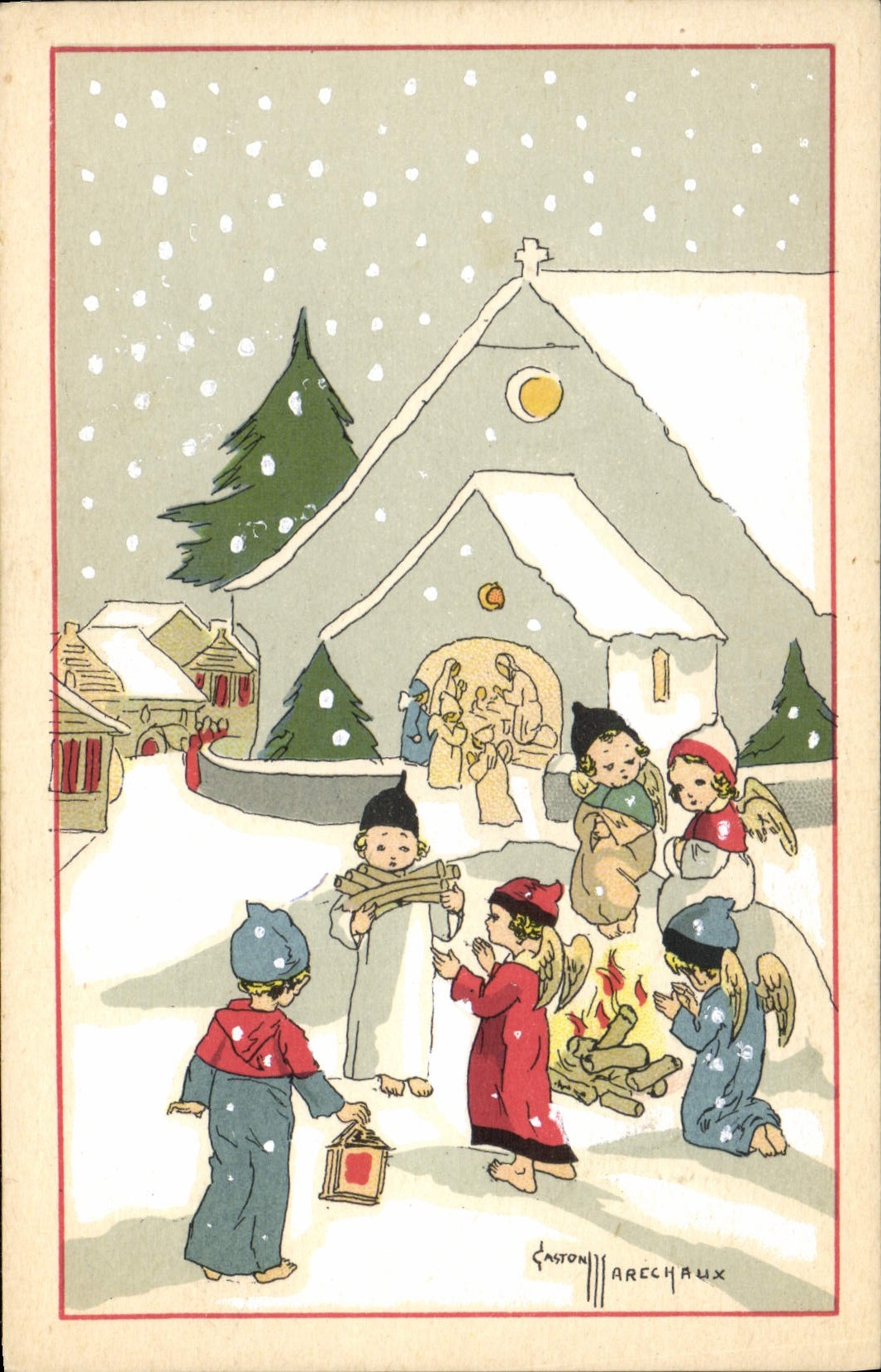 Enfants et anges devant une église enneigée — dessin de Gaston Archambault