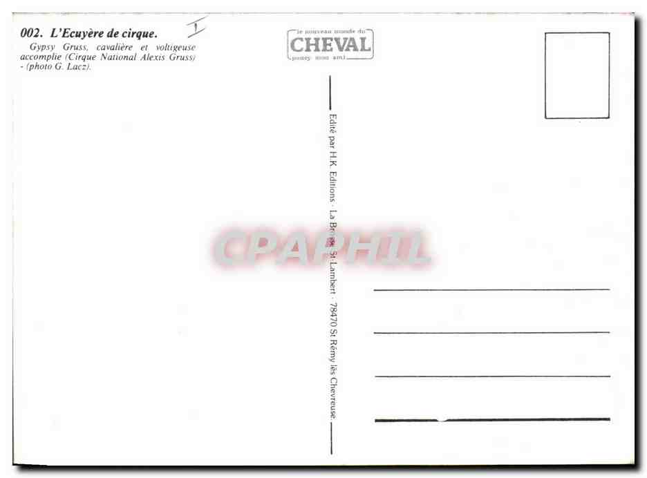 CPM L'ecuyere de cirque Gypsy Gruss Cavaliere et voltigeuse accomplie Alexis Gruss Cheval  — Rückseite
