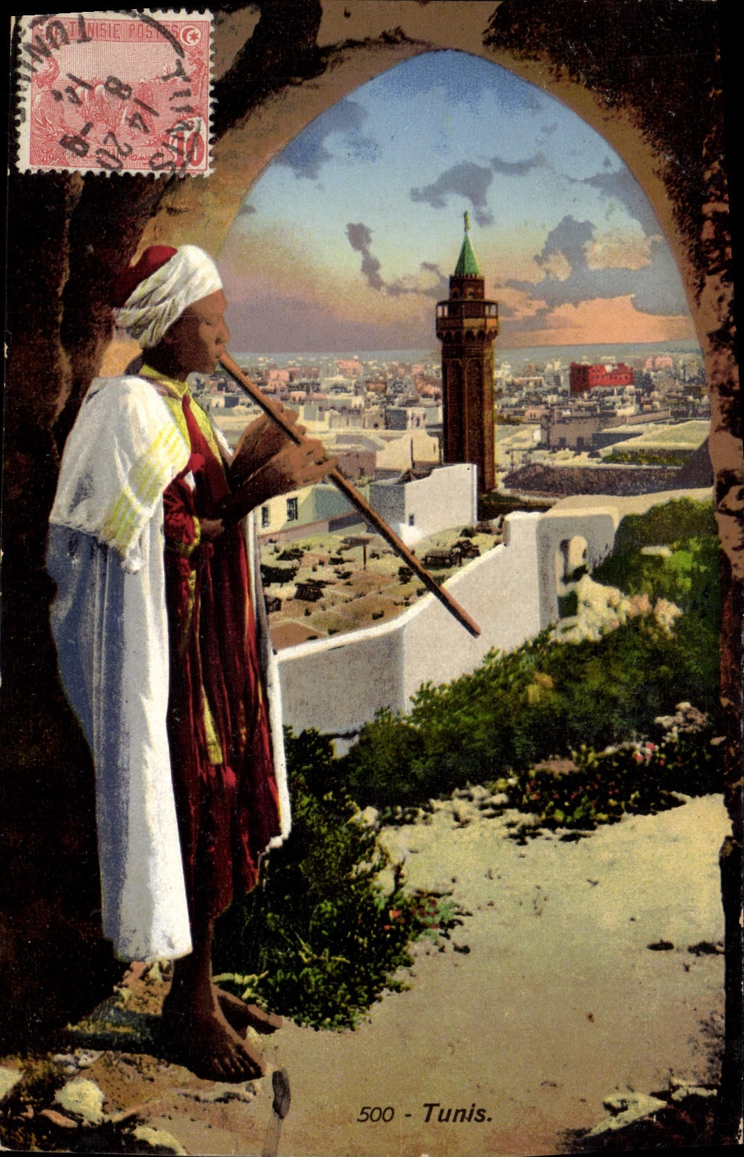 Vue de Tunis — homme en tenue traditionnelle jouant d'un instrument — éditeur Tunisie Posters, n° 500