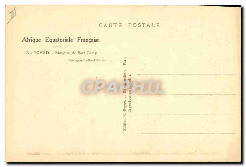 Afrique Équatoriale Française — Musicien de Fort Lamy — Édition R. Bogue, Paris — Reverso