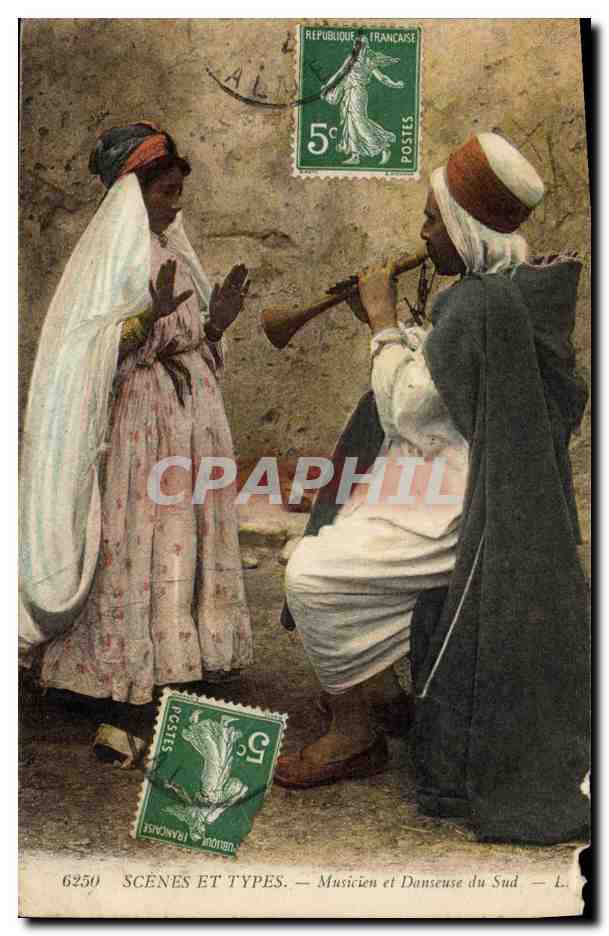 CPA Folklore Musicien et danseuse du Sud 