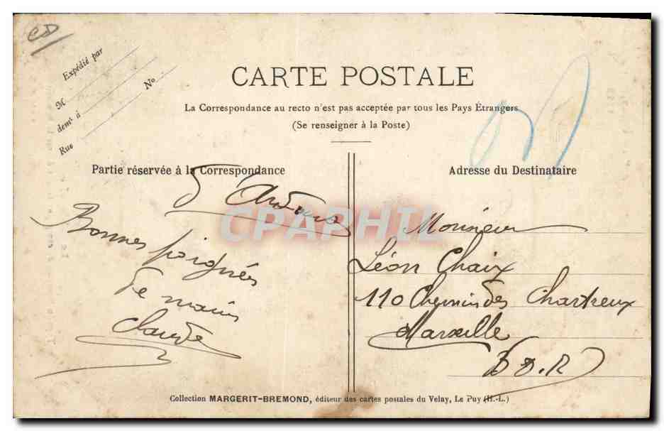 Le Cabrettaire — Type du Musicien de campagne faisant danser la Bourrée — Cliché M. B. - Rep. int. — Éditeur Le Velay Illustré n°1118 — Verso
