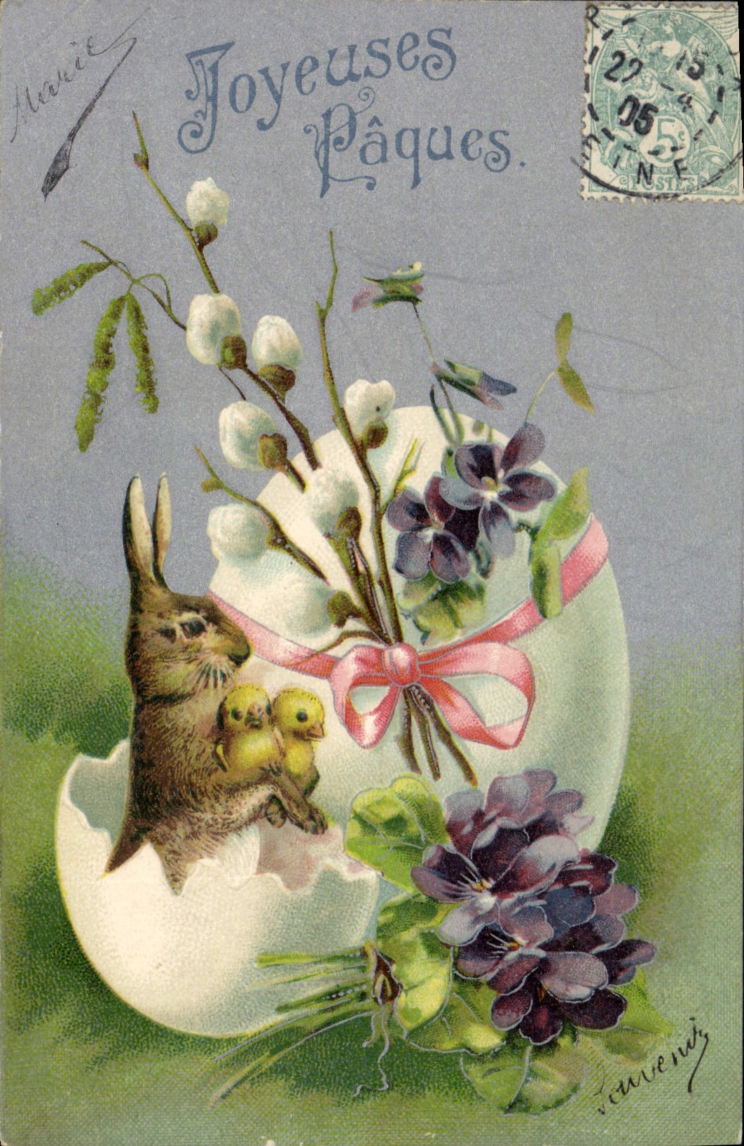 Pâques — lapin et poussins dans un œuf — K. F. Éditeurs, Paris, Série 946