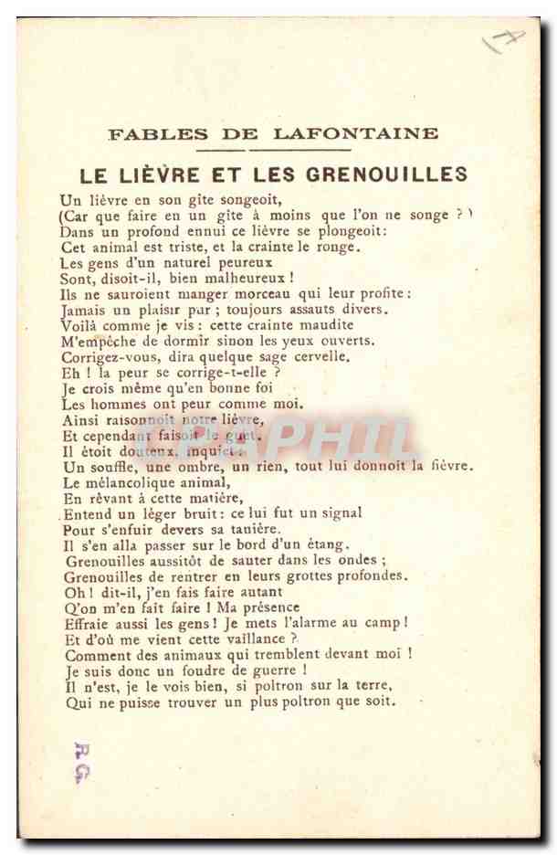 Le Lièvre et les Grenouilles — Fables de La Fontaine — d'après Gustave Doré — Collection de la Kolarsine et de la Solution Pautaubeerge — Verso