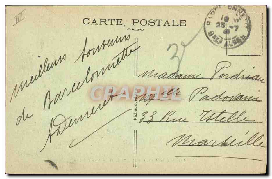 Les Alpes Pittoresques — Exercices de Skis par le 15e Chasseurs — Une descente. — Éditeur : Richaud, n°21. — Reverso