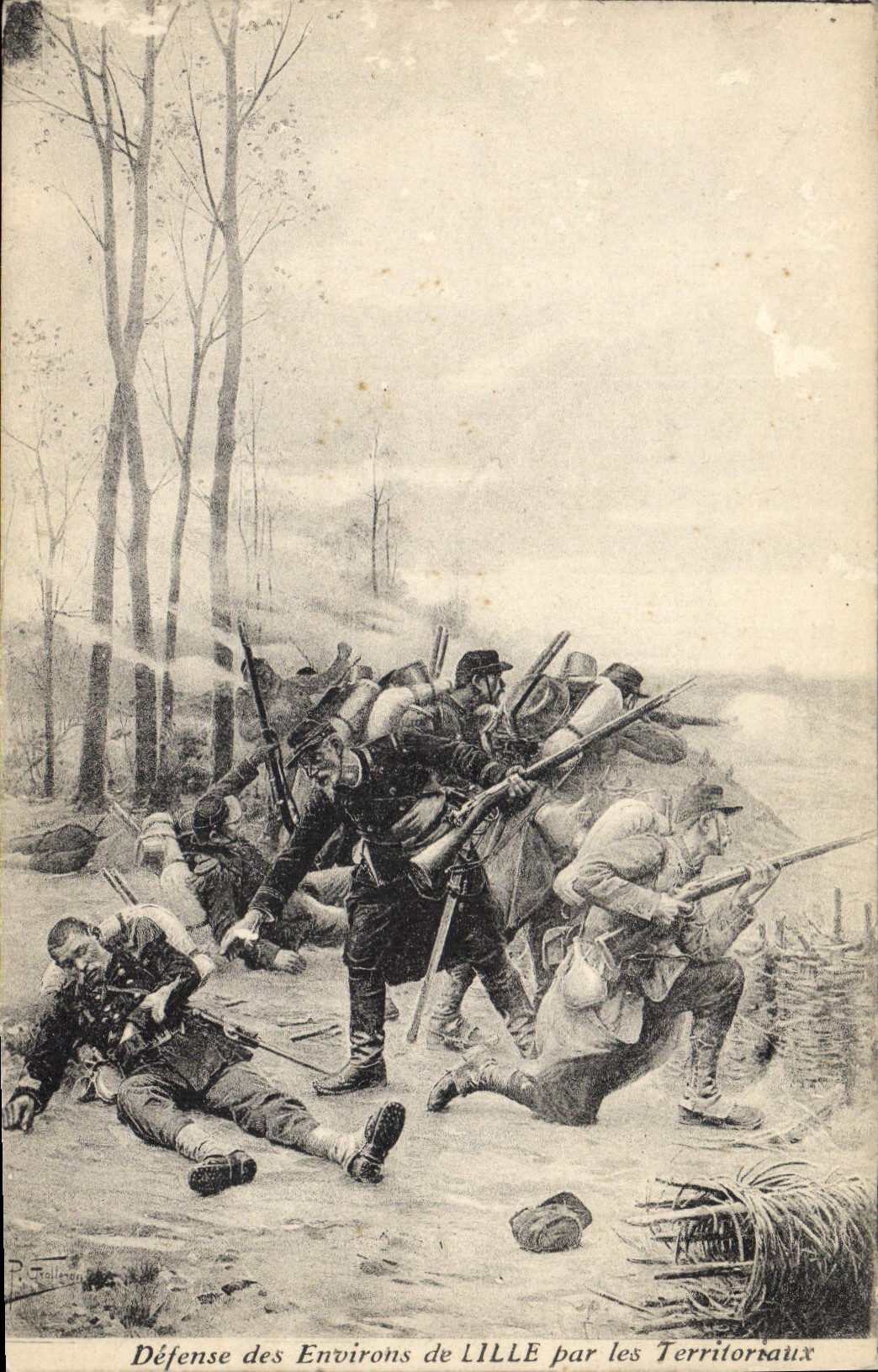 CPA Militaria Defense des environs de Lille par les Territoriaux 