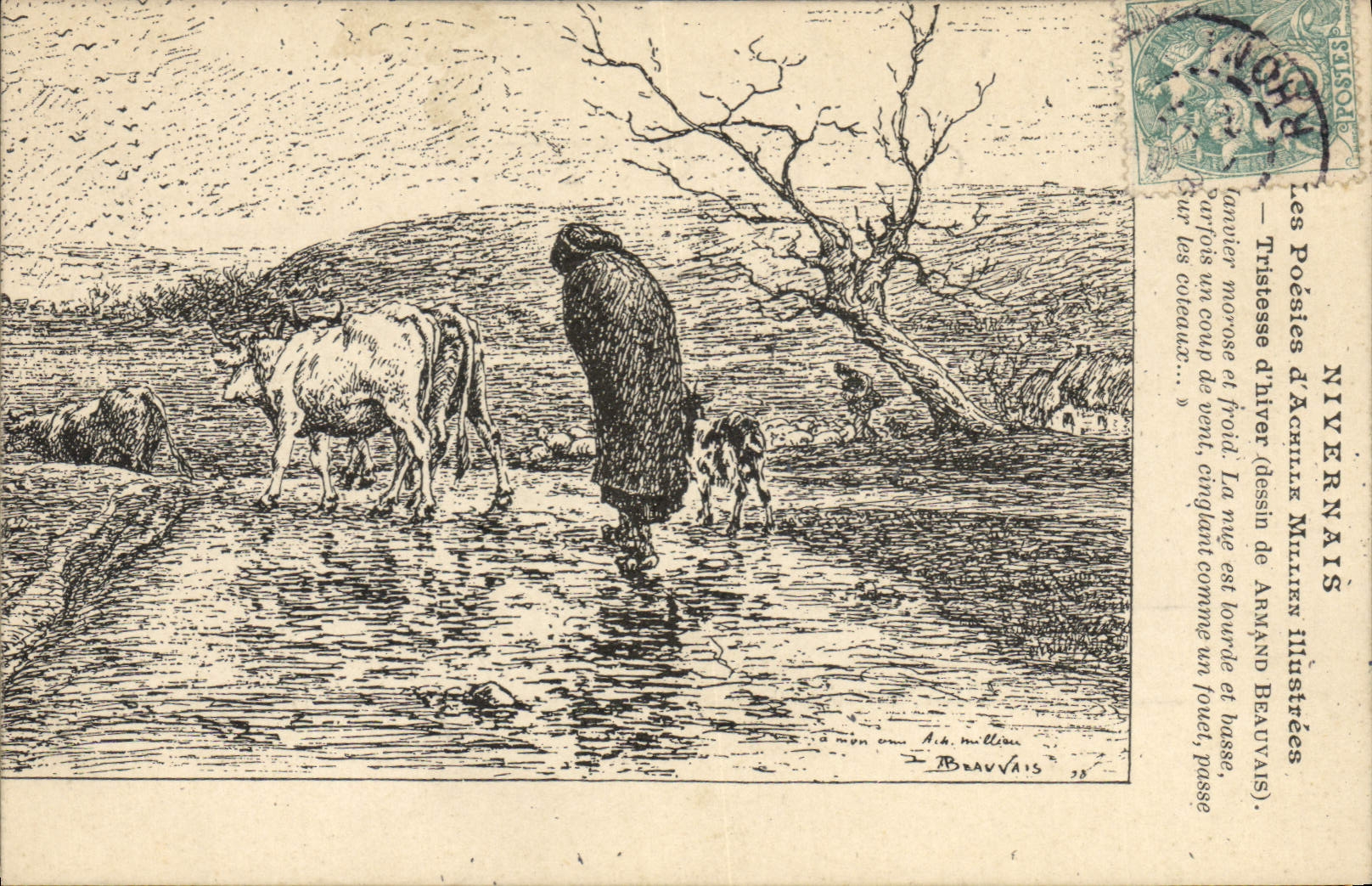 CPA Folklore Nivernais Les poesies d'Achille Millien Tristesse d'hiver Vache 