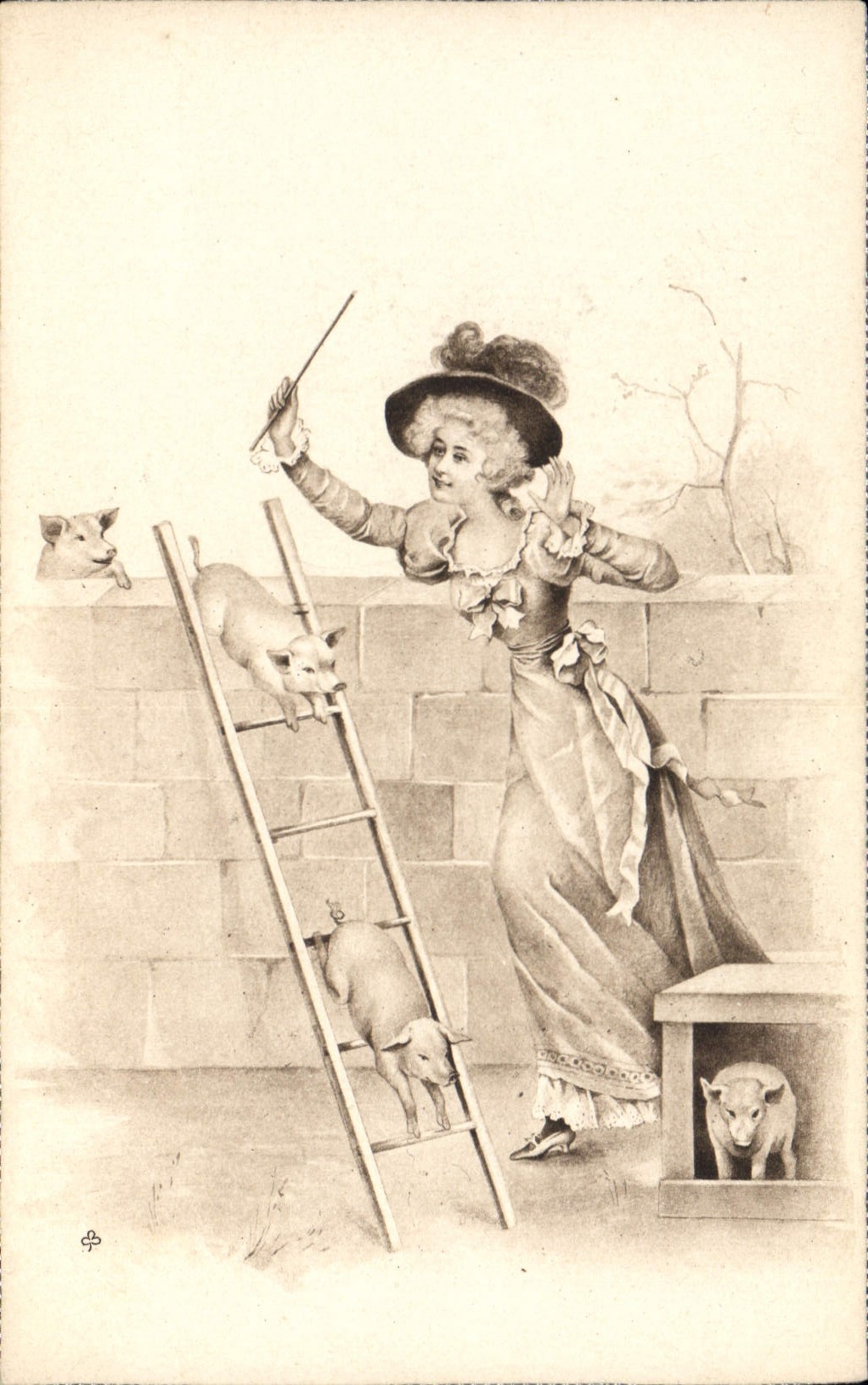Femme en robe d'époque avec cochons — illustration humoristique — S. B. Viennna