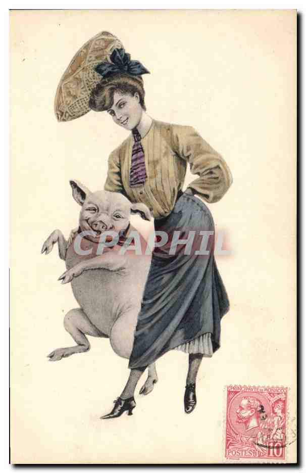 CPA Fantaisie Illustrateur Femme Cochon Porc 
