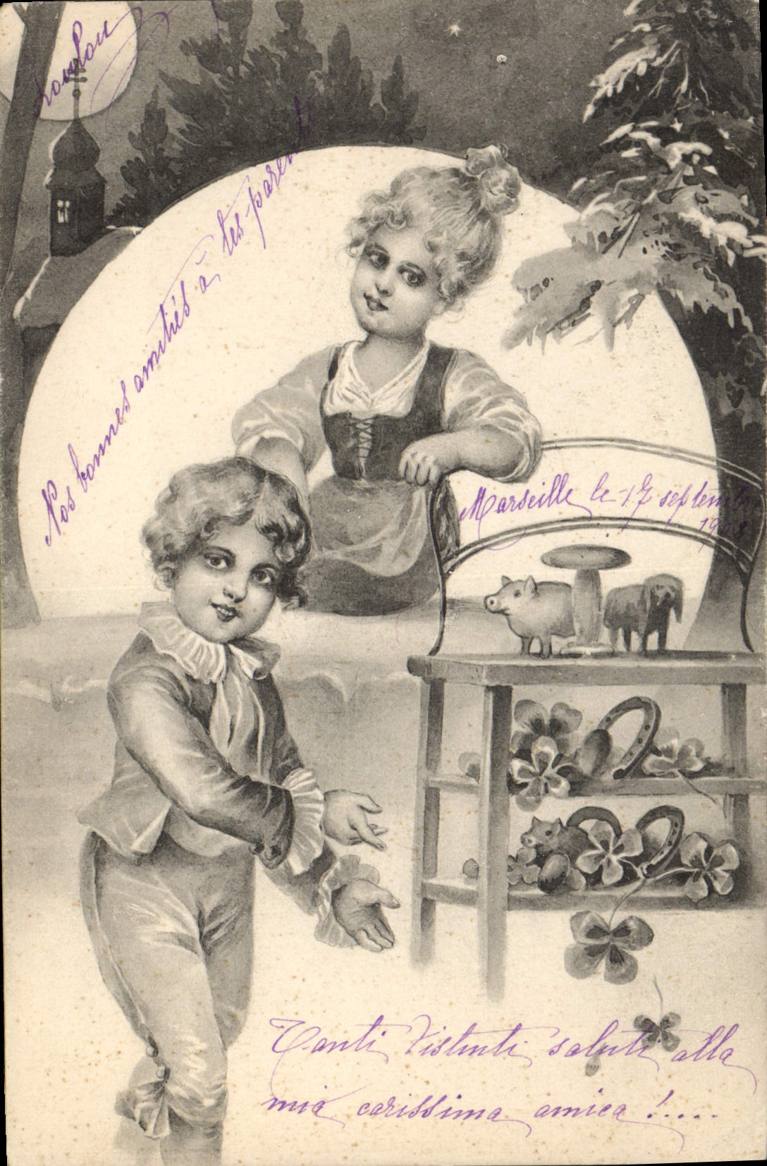 CPA Fantaisie Illustrateur Enfants Cochon Porc Champignon Fer a cheval Trefle 