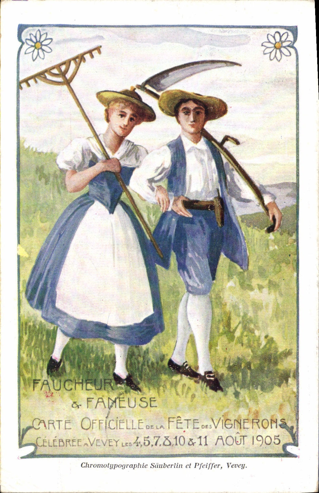 CPA Fantaisie Illustrateur Faucheur Carte officielle des Vignerons Vevey 1905