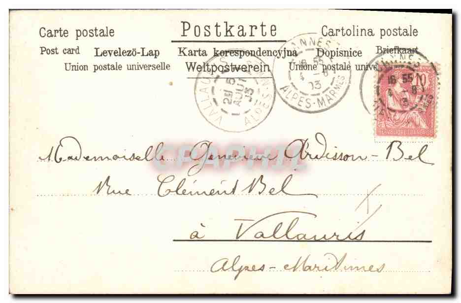 Ich bedauere, nicht in diesen Tagen bei dir sein zu können, aber ich hoffe, dich bald zu umarmen. Tausend Küsse. Von mir an deine ganze Familie. — Marquerite — Madame Geneviève — Vallauris — Rückseite
