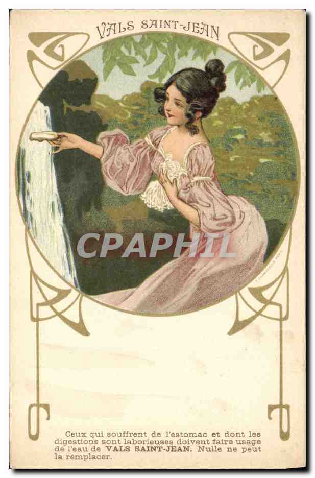 Femme près d'une cascade — publicité pour Vals Saint-Jean — éditeur non visible