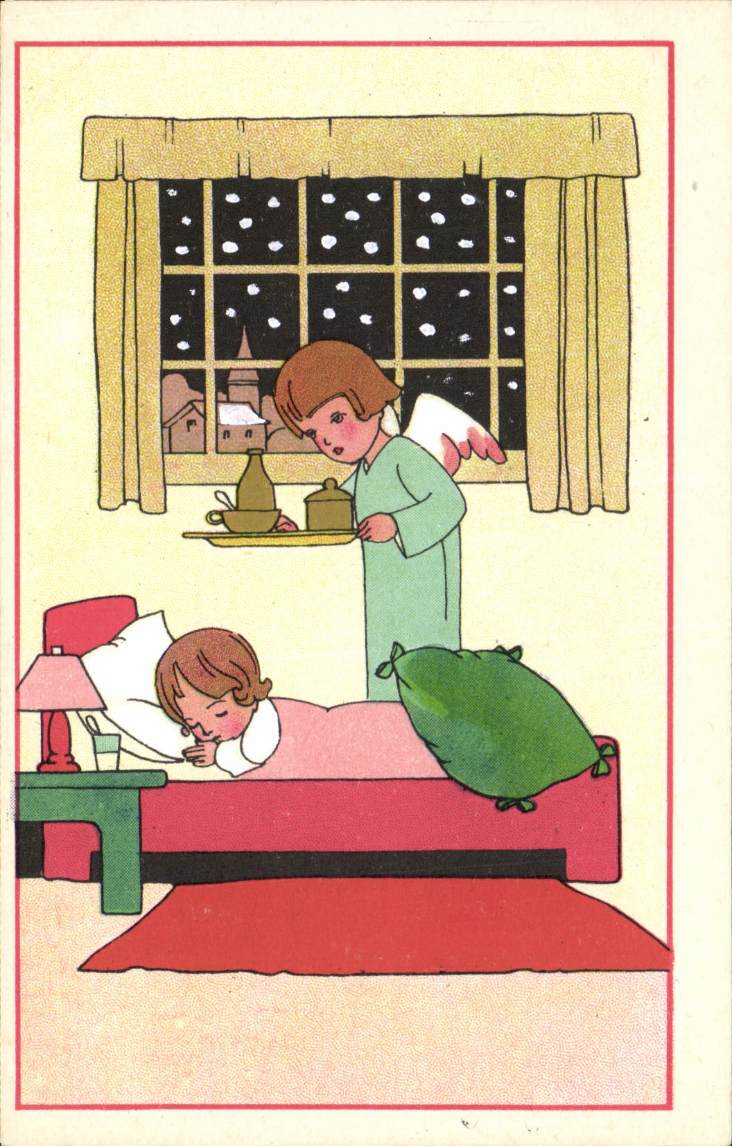 Angélus apportant un plateau à un enfant endormi — scène nocturne en hiver — éditeur BOLASSE-JEUNE ET CIE, n° P.C.129