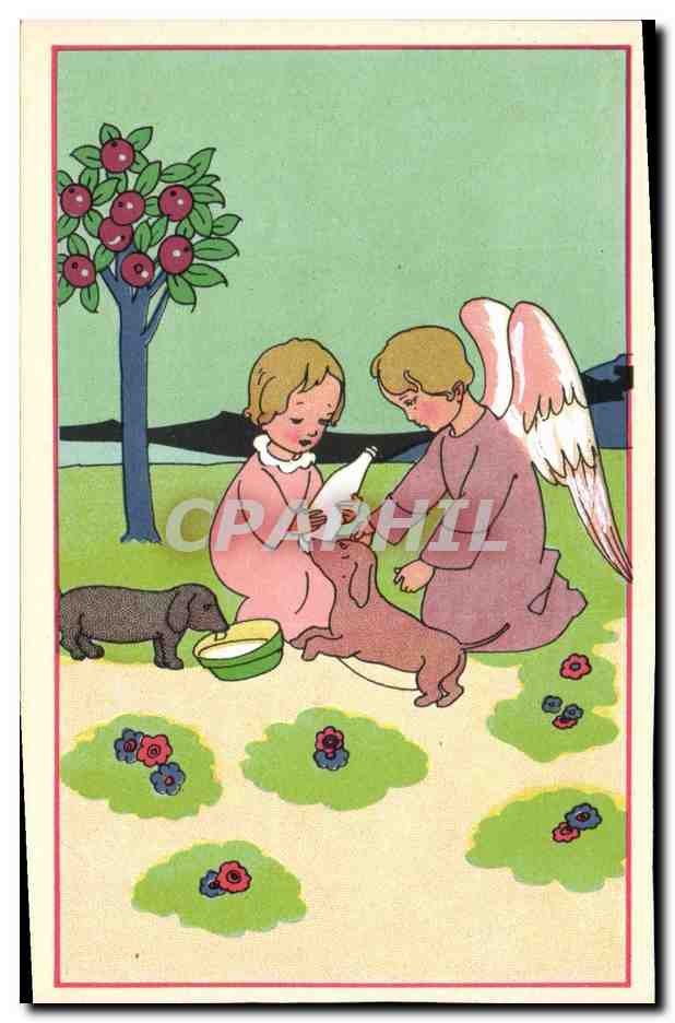 Enfant et ange nourrissant un petit chien — scène pastorale — Bouasse-Jeune et Cie, P.C. 25