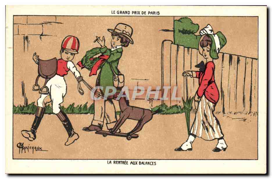 CPA Fantaisie Illustrateur Marechaux Le grand prix de Paris La rentree aux balances Jocjey Cheval 
