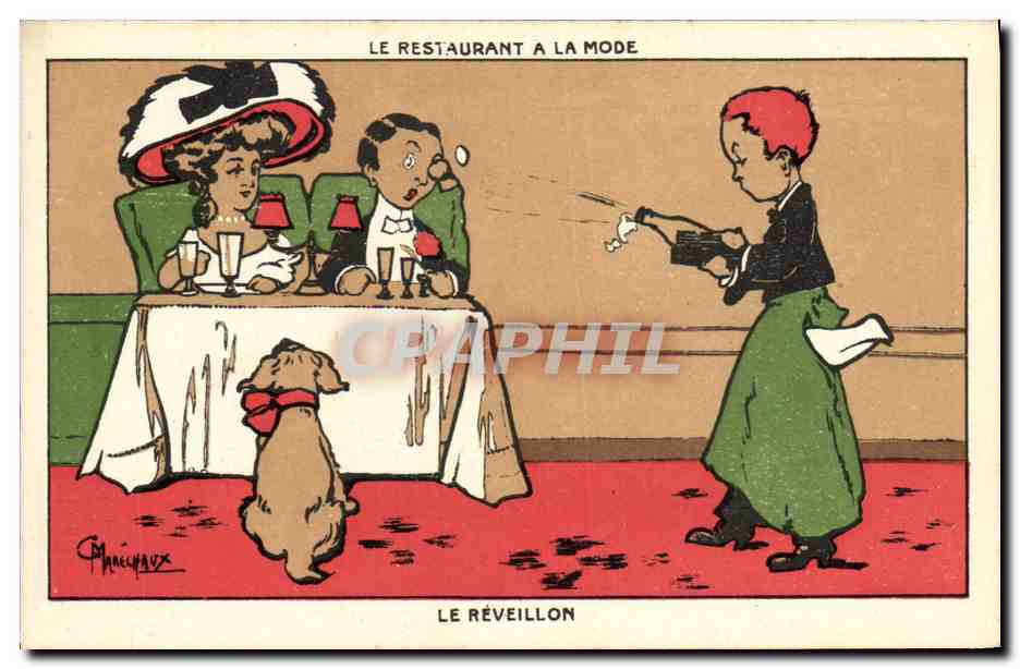 CPA Fantaisie Illustrateur Marechaux Le Restaurant a la Mode Le reveillon Chien 