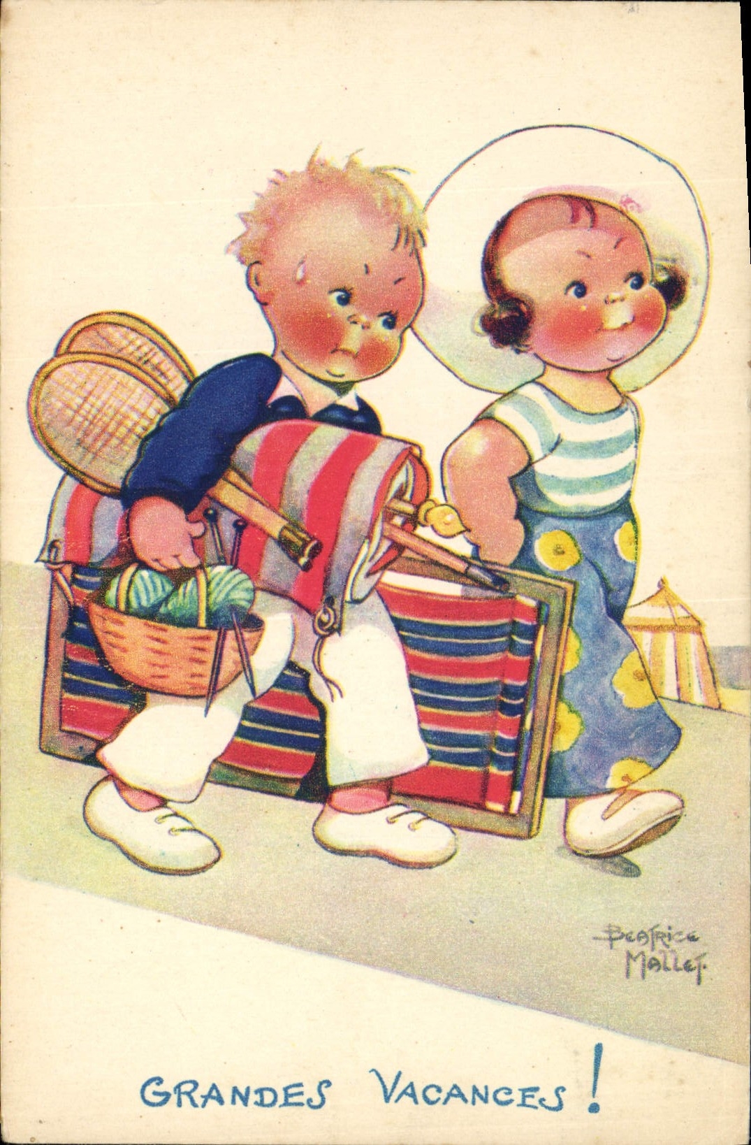 Deux enfants avec valise et panier — Grande Vacances ! — Peatrice Mallet
