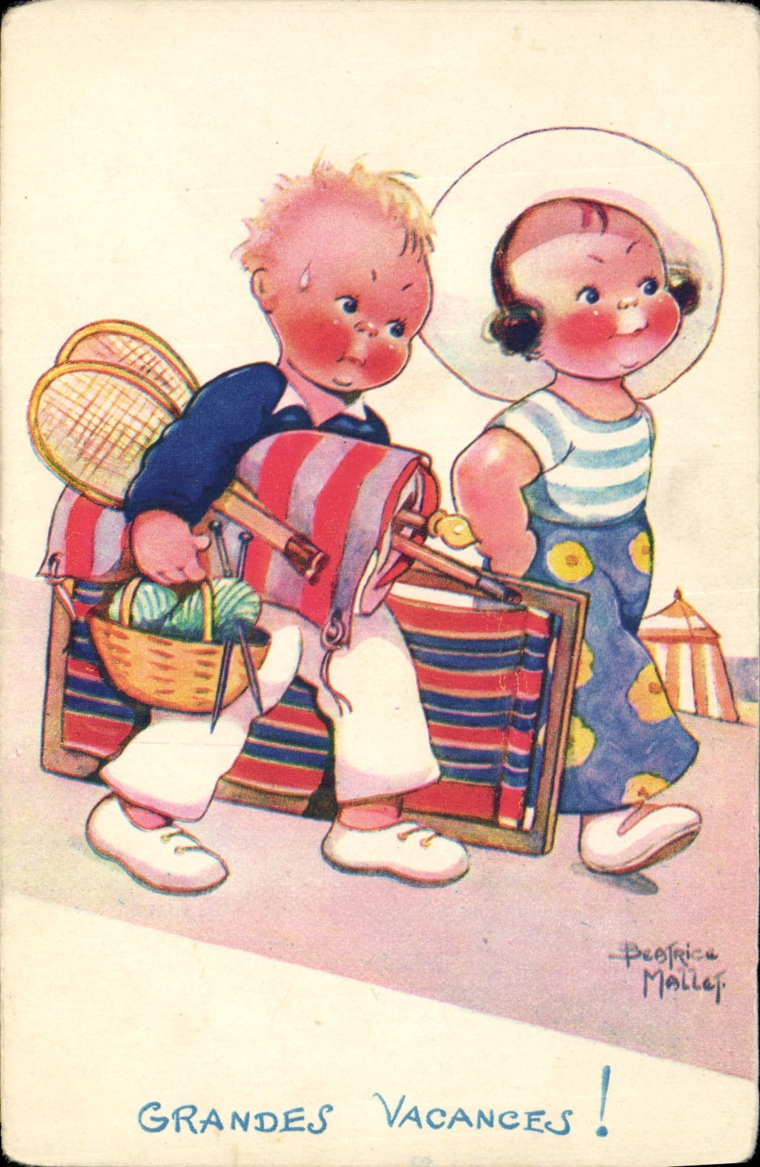 Zwei Kinder mit Koffer und Korb — Peatrice Mallet — Seriennummer nicht sichtbar