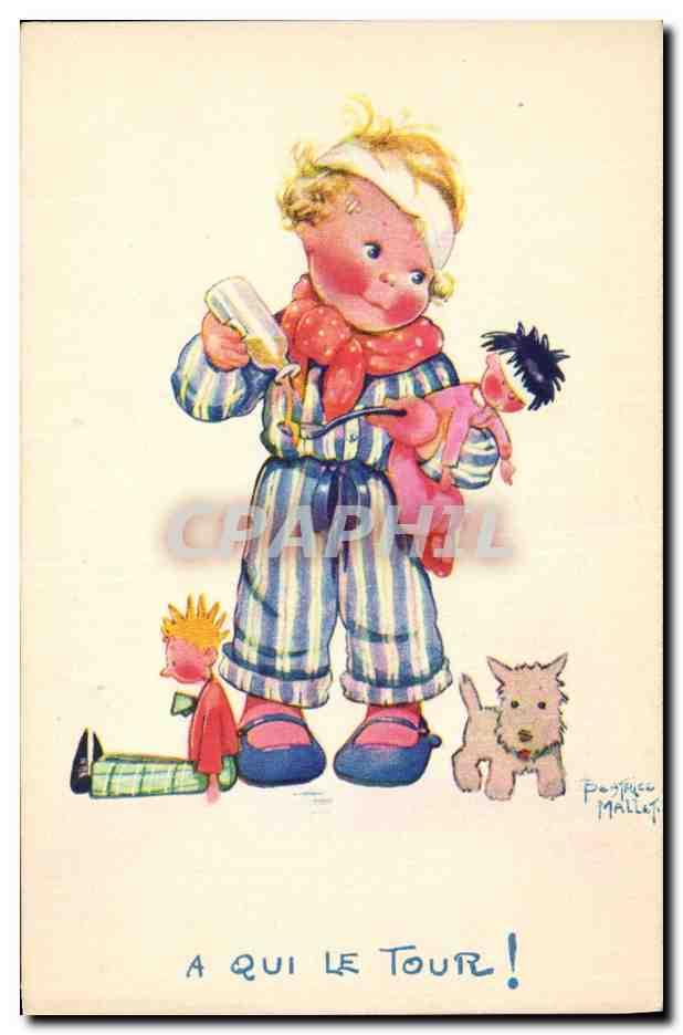 CPA Fantaisie Illustrateur Mallet Enfant A qui le tour Chien 