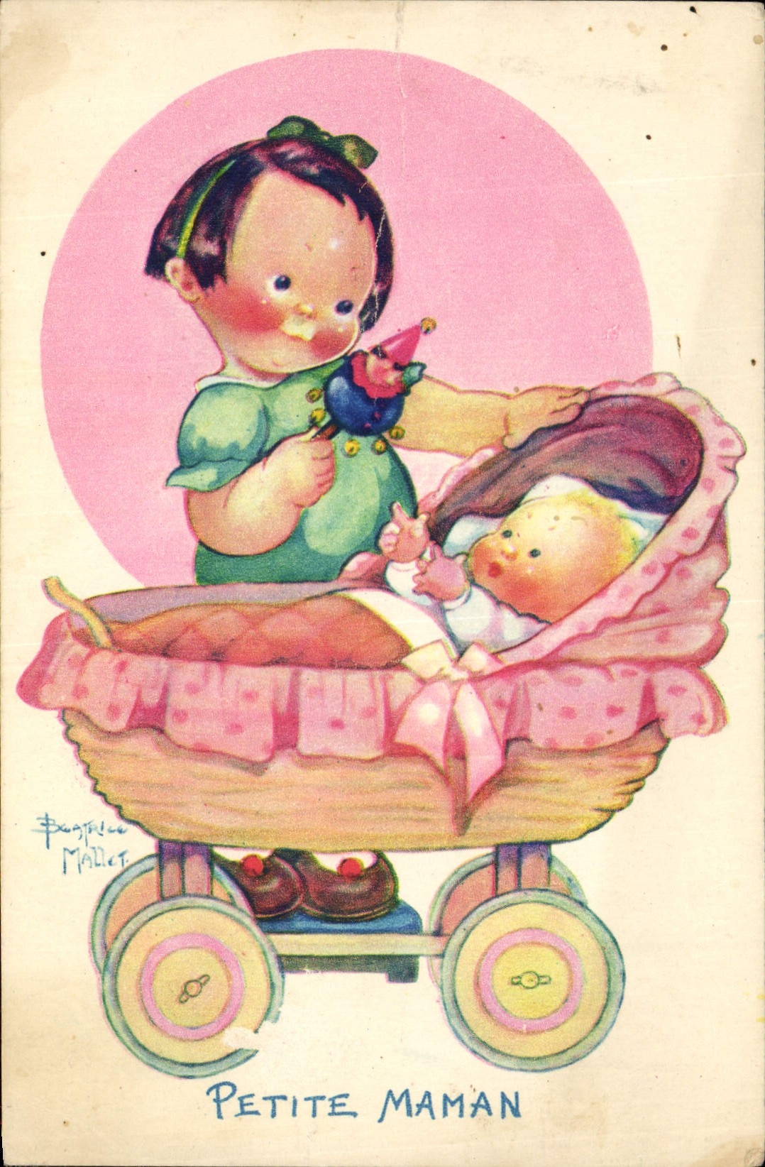 CPA Fantaisie Illustrateur Mallet Enfant Poussette Petite maman