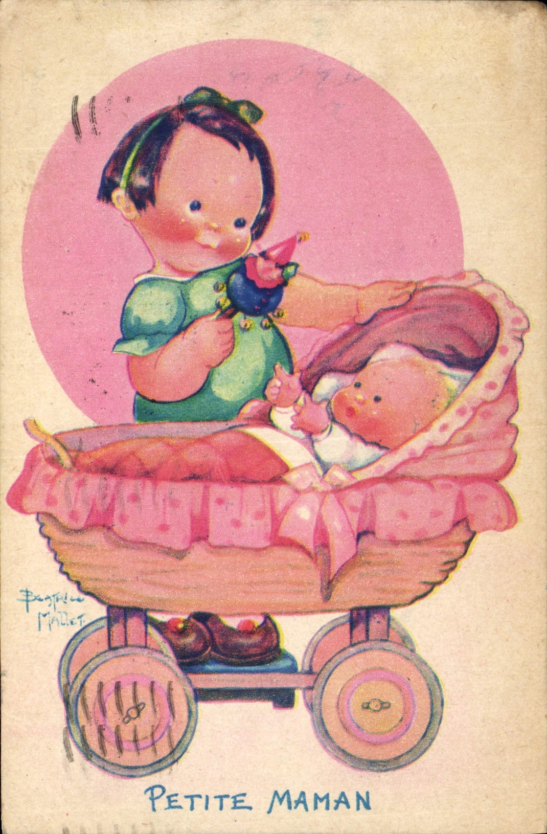 CPA Fantaisie Illustrateur Mallet Enfant Petite maman Poussette 