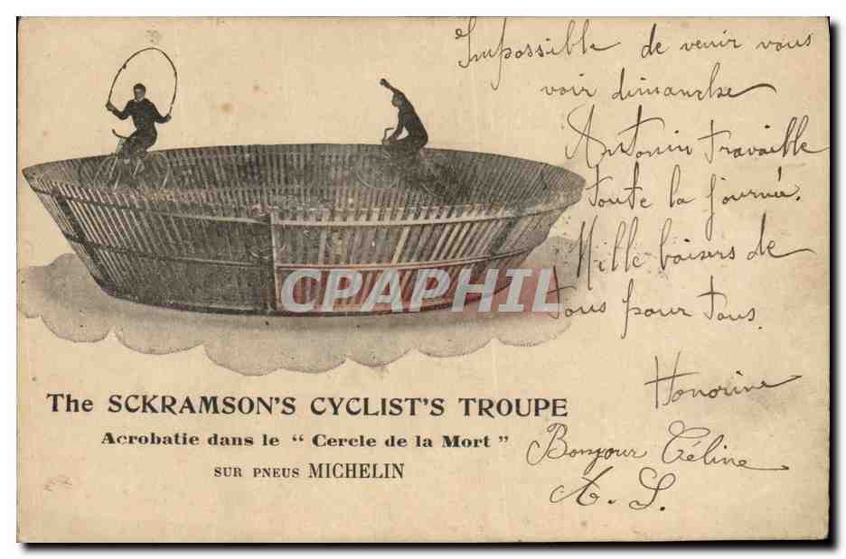 Acrobatie cycliste sur pneus Michelin — The Sckramson's Cyclist's Troupe — éditeur non visible