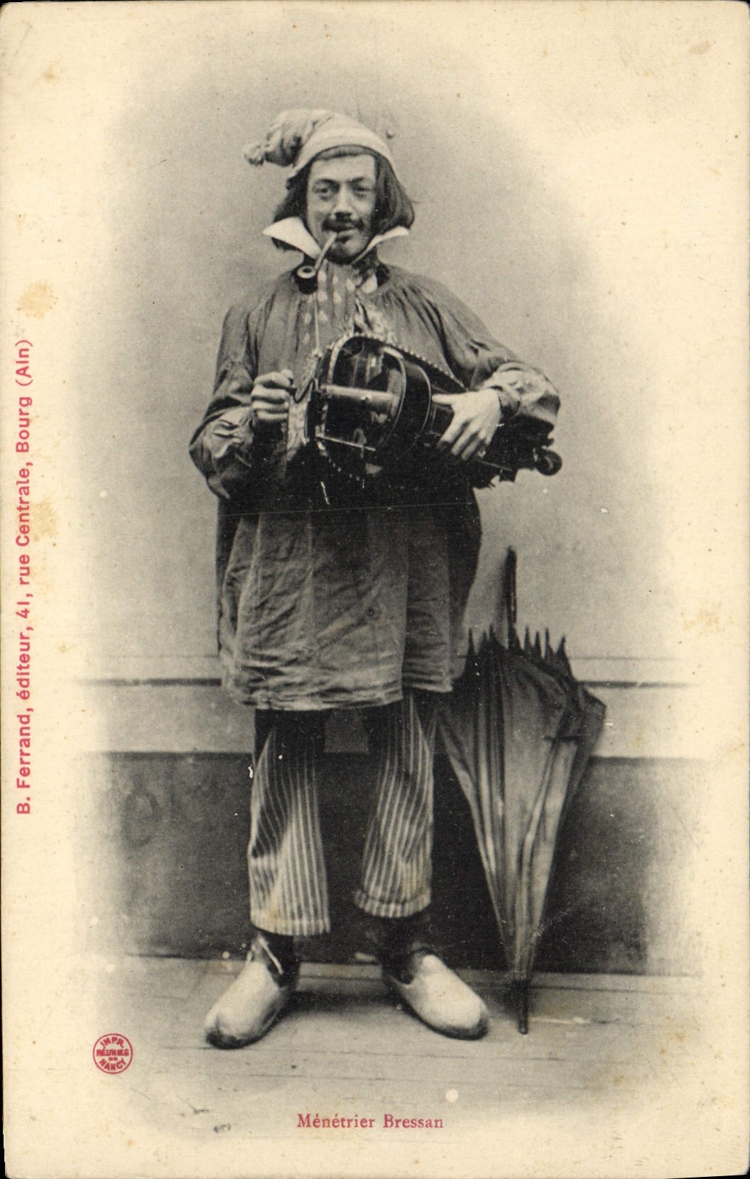 Ménétrier Bressan — homme en costume de clown avec parapluie — B. Ferrand, éditeur, Bourg (Ain)