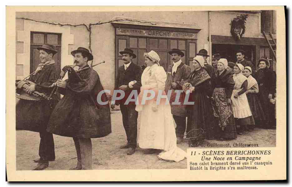 CPA Folklore Scenes Berrichonnes Une noce en campagne Mariage Darchy Epicerie Mercerie 