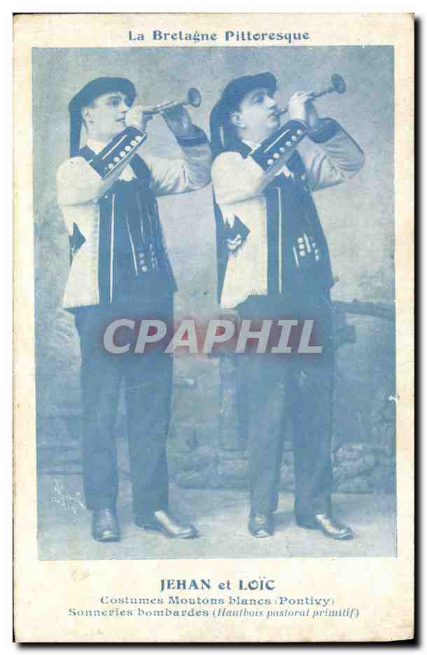 Deux musiciens en costume de moutons blancs — Jehan et Loïc — Sonneries bombardes (Hautbois pastoral primitif) — Éditeur : La Bretagne Pittoresque