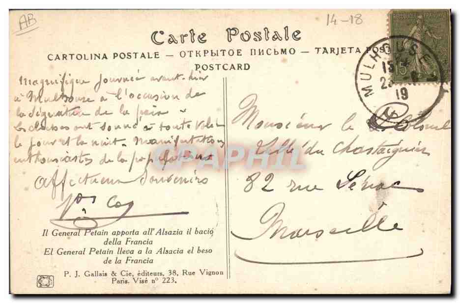 Le Général Pétain apporte à l'Alsace le baiser de la France — P. J. Gallais & Cie, Visé n° 223 — Verso