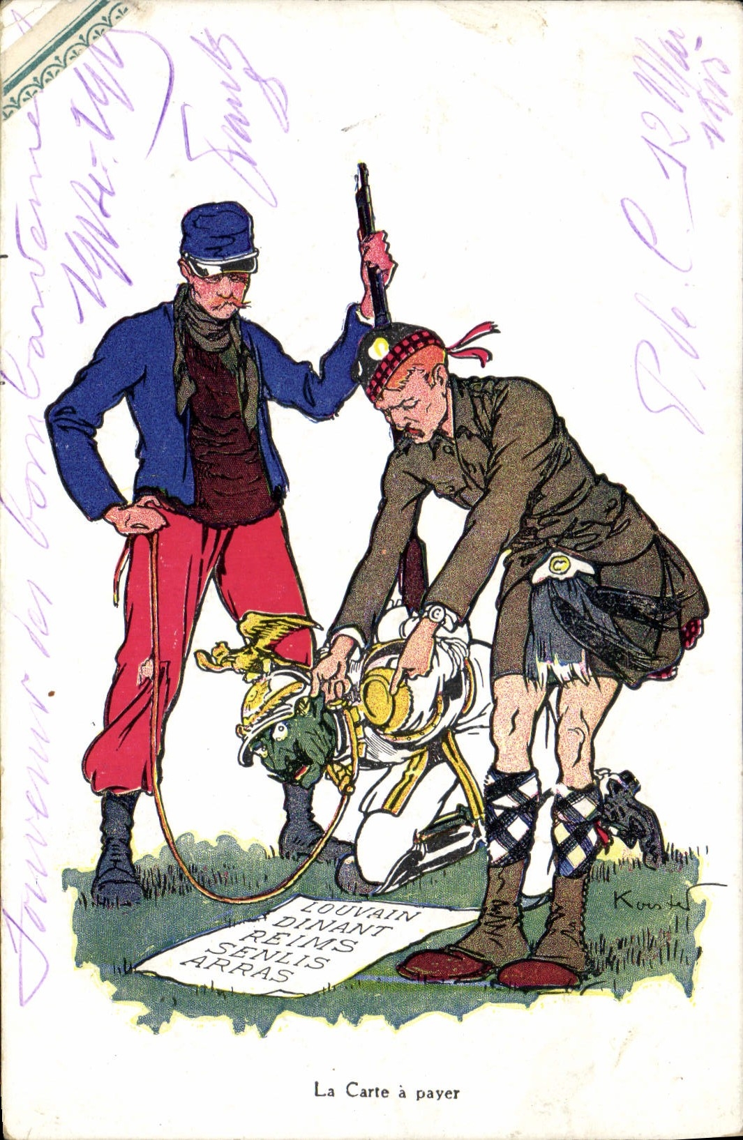 CPA Militaria La carte a payer Louvain Dinant Reims Senlis Arras 