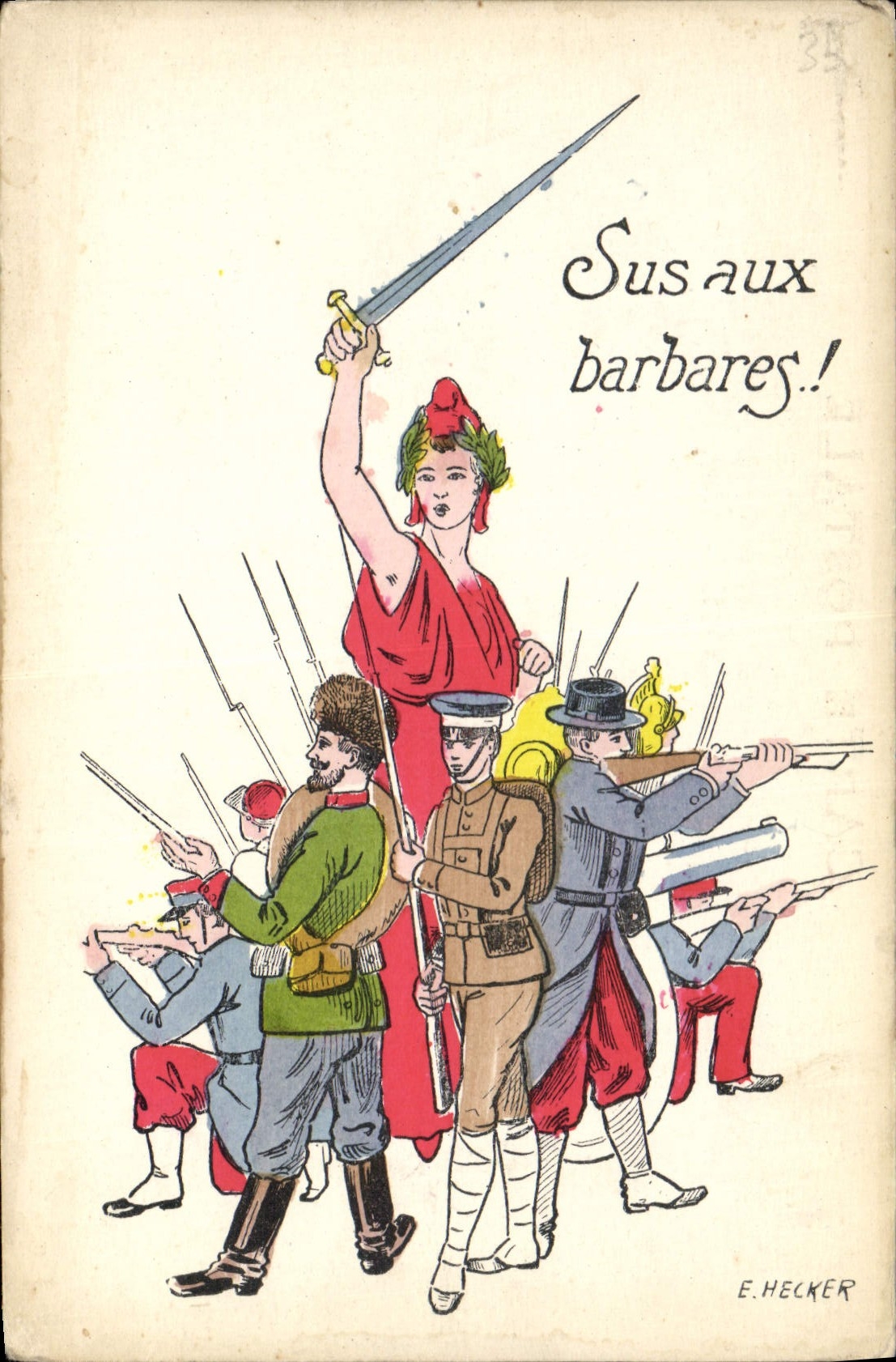 CPA Militaria Sus aux barbares 