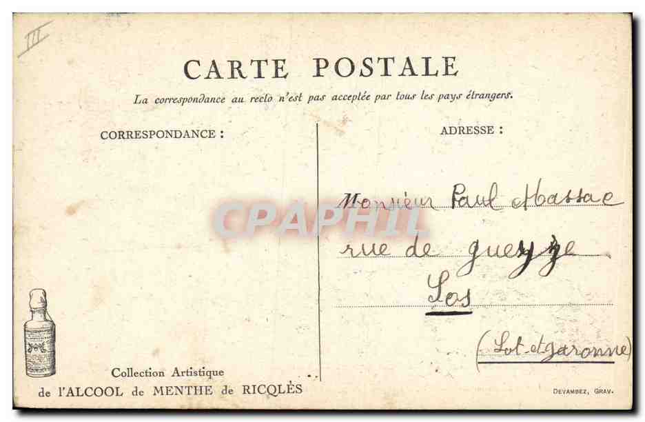 CPA Militaria Alcool de menthe de Ricqles  — Rückseite