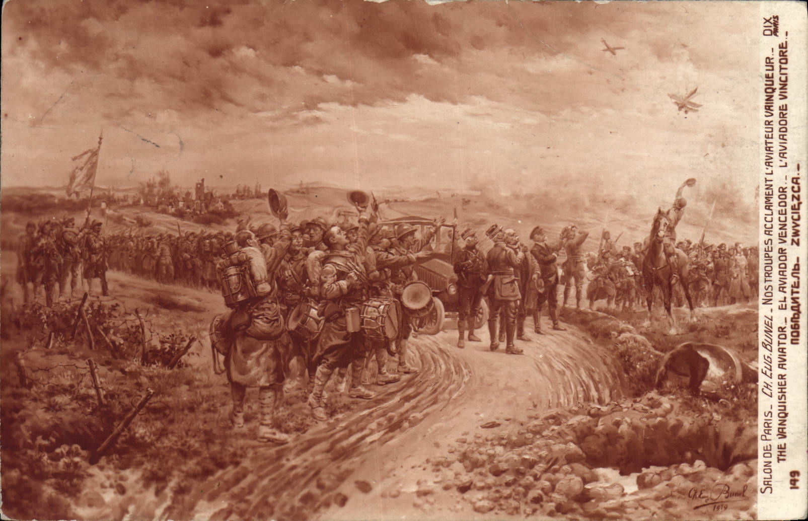 CPA Militaria Salon de Paris Eugene Bunel Nos troupes acclament l'aviateur vainqueur 