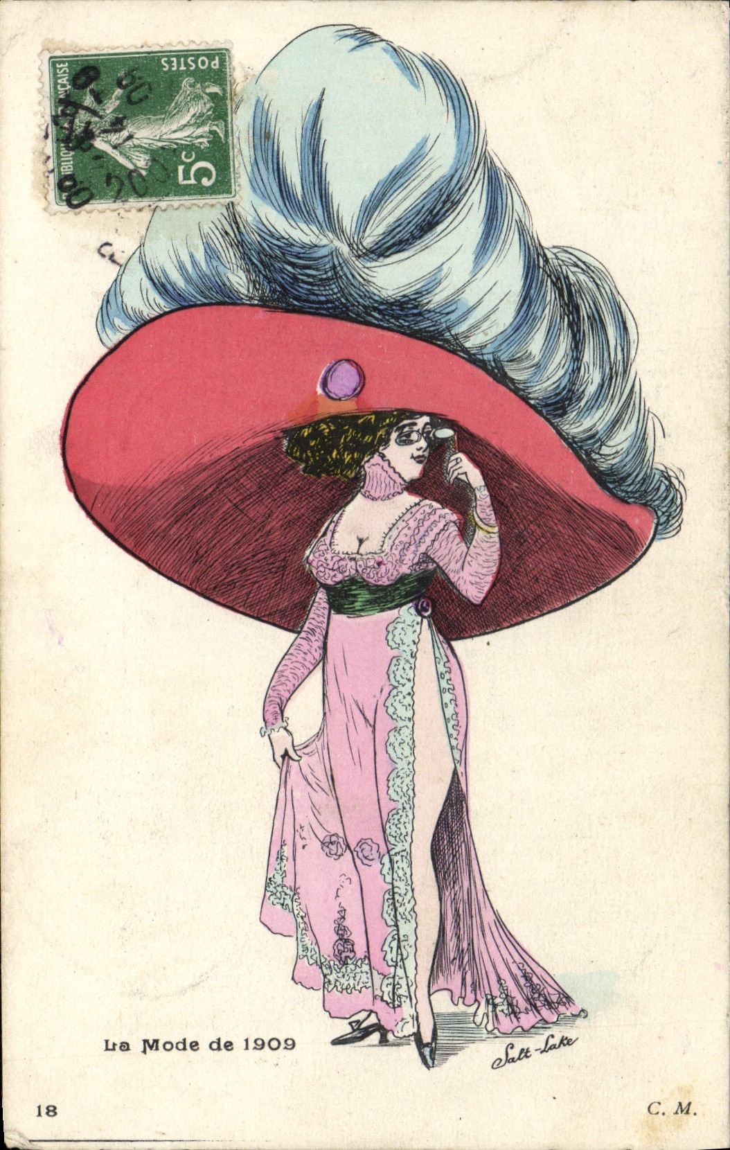 Antieke ansichtkaart Fantasie Illustrateur Vrouw De mode van 1909 Coiffe