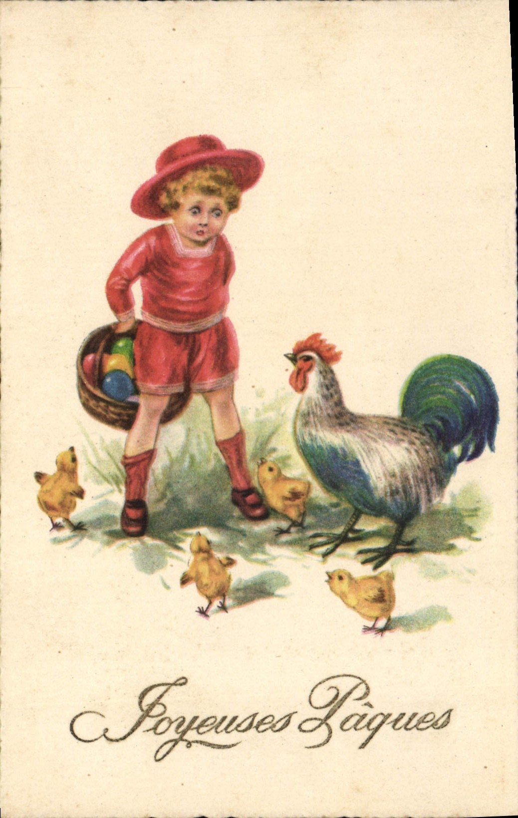 CPA Fantaisie Illustrateur Enfant Coq Paques Poussins 