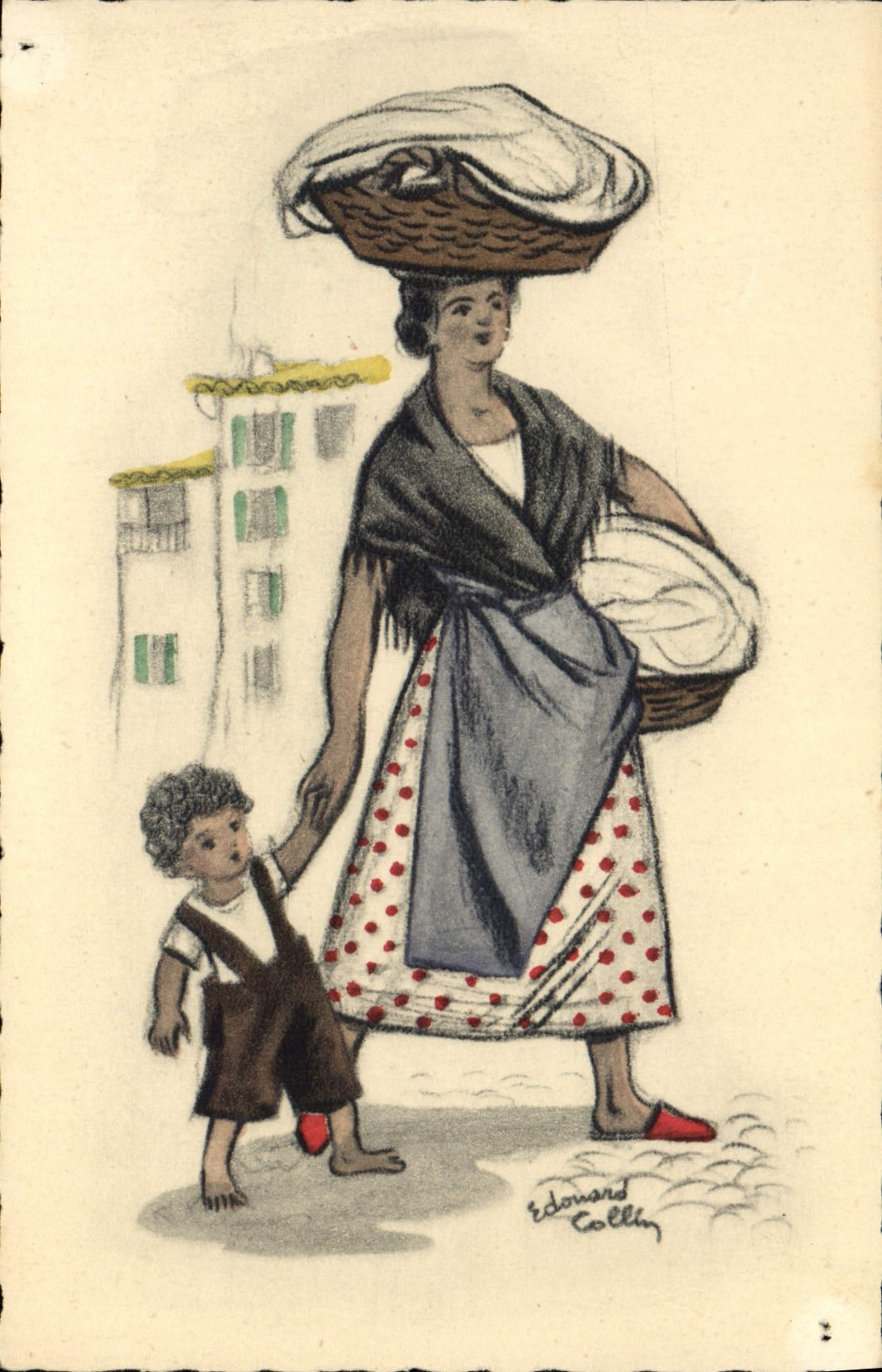 Femme portant un panier sur la tête — avec un enfant — dessin d'Edouard Collhy