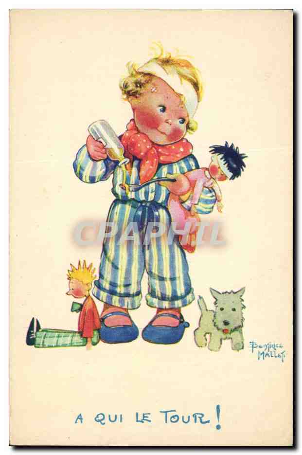 CPA Fantaisie Illustrateur Mallet Enfant A qui le tour Chien 