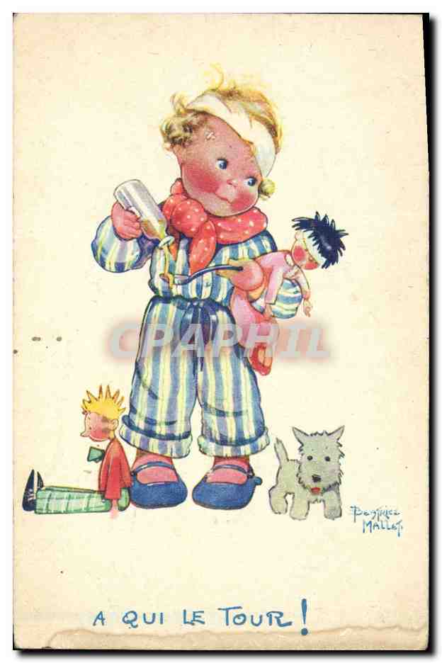 CPA Fantaisie Illustrateur Mallet Enfant A qui le tour Chien 