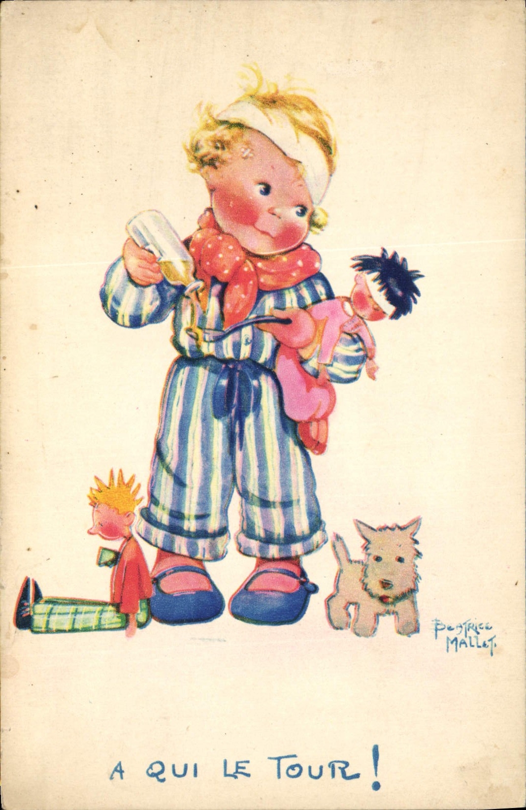 CPA Fantaisie Illustrateur Mallet Enfant A qui le tour Chien 