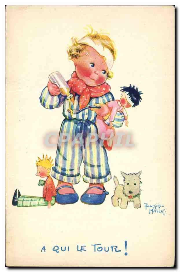 CPA Fantaisie Illustrateur Mallet Enfant A qui le tour Chien 