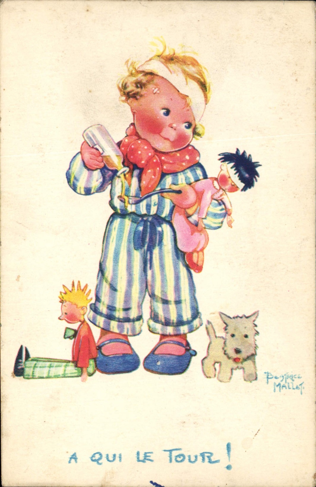 CPA Fantaisie Illustrateur Mallet Enfant A qui le tour Chien 