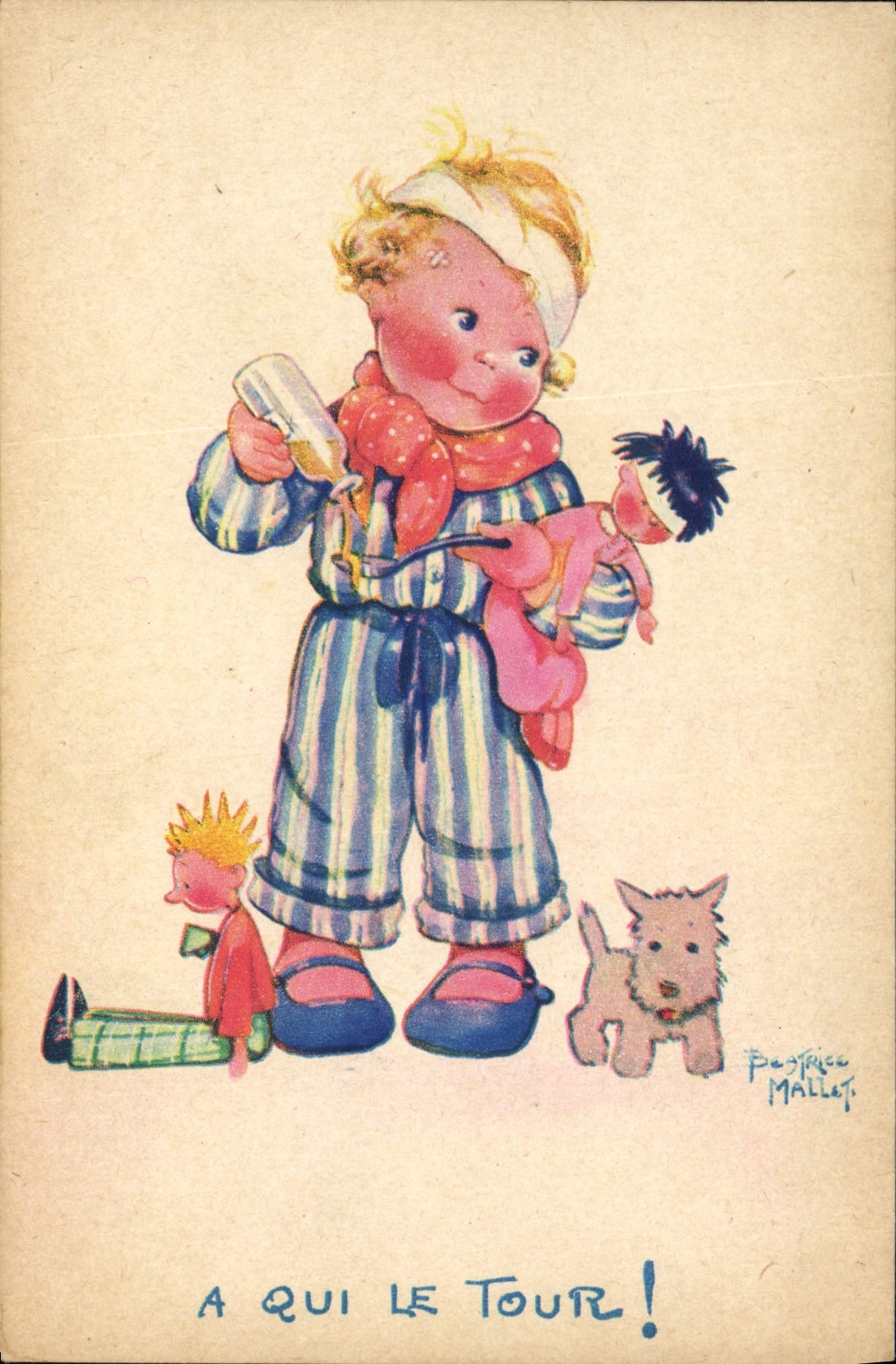 CPA Fantaisie Illustrateur Mallet Enfant A qui le tour Chien 