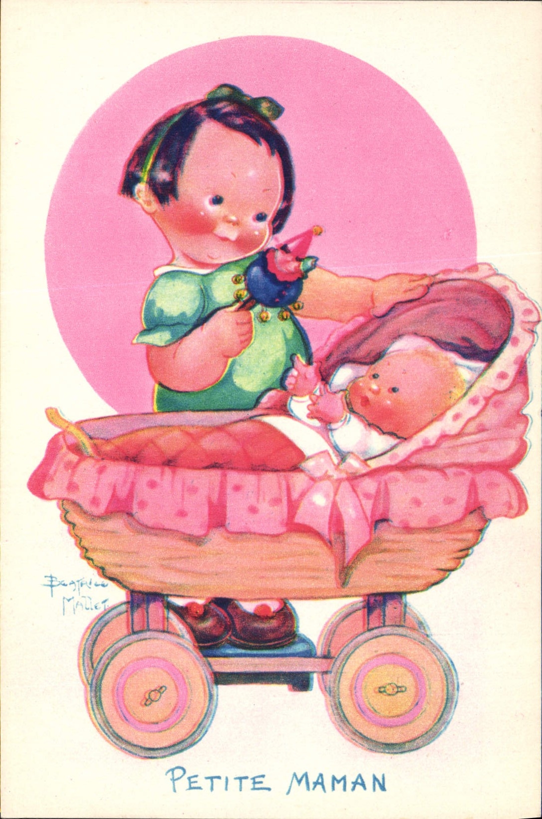 Kleine Mama — Illustration einer kleinen Mädchen, die ein Spielzeug hält, nahe einem Kinderwagen mit einem Baby — Zeichnung von Pagnoue Maliet