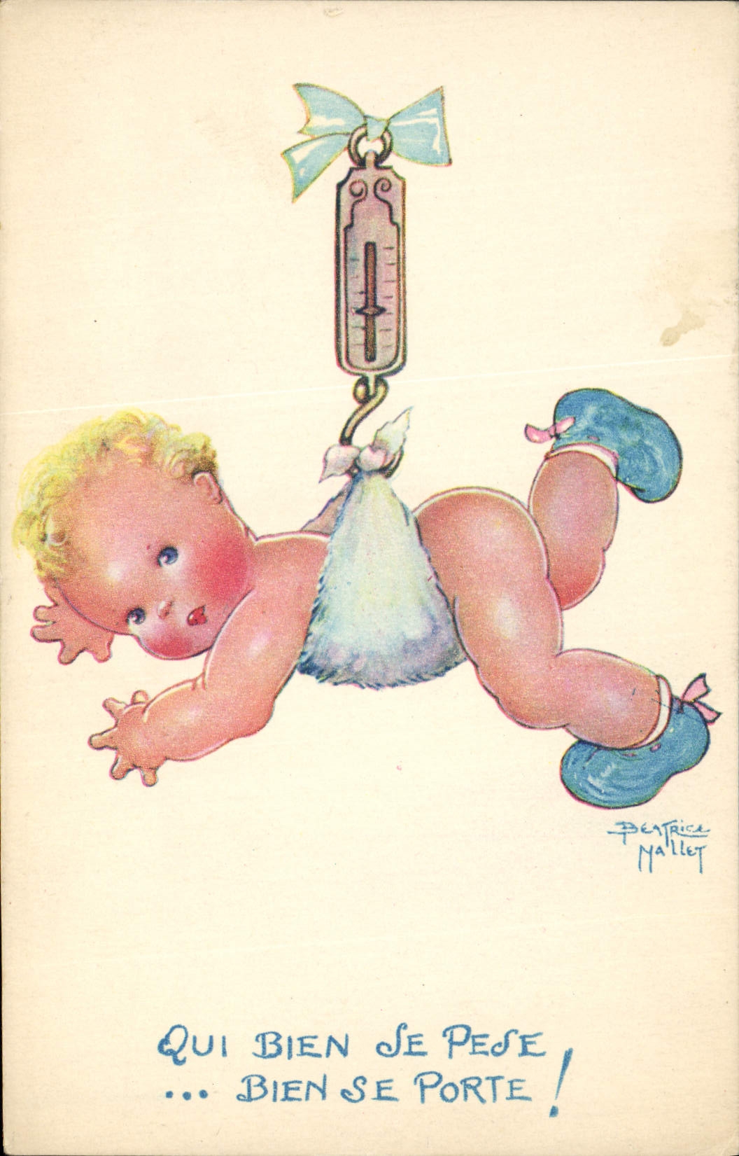 Baby an einer Waage hängend — 'Wer sich gut wiegt... lebt gut!' — Zeichnung von Béatrice Nallet