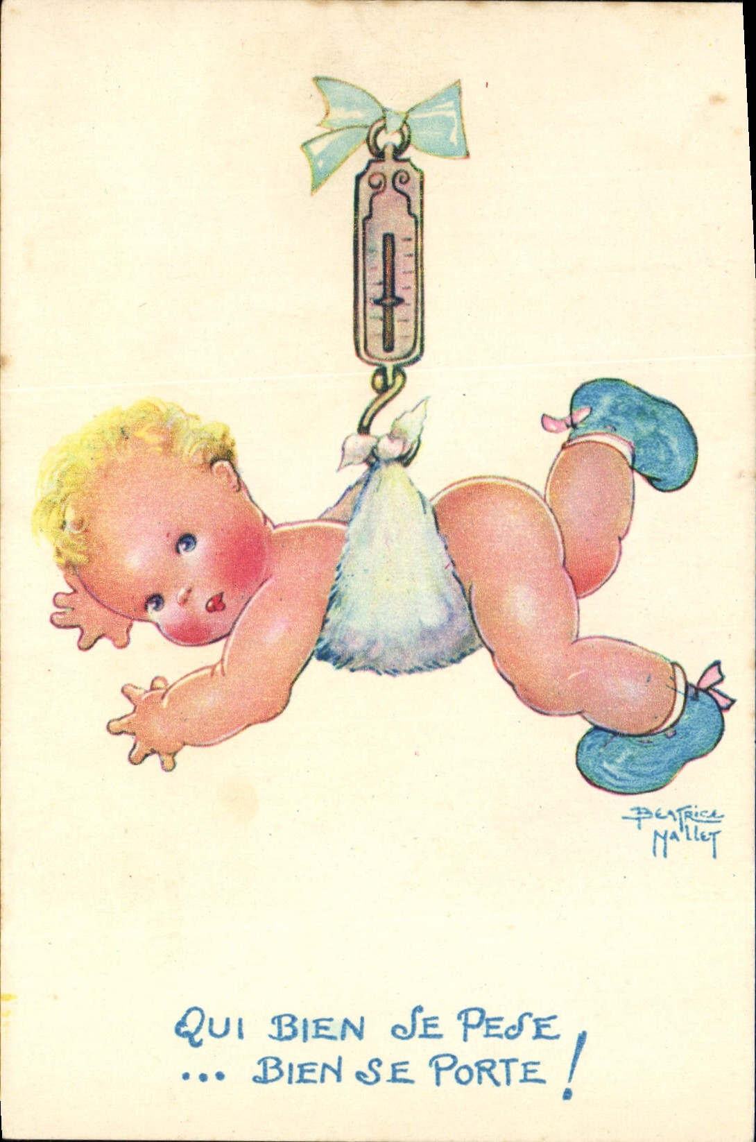 Bébé suspendu à une balance — Qui bien se pèse... bien se porte ! — Pentrice Nallet