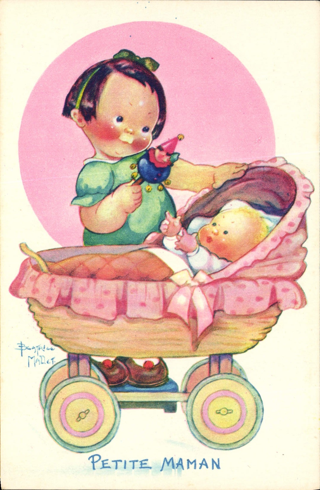 Petite Maman — illustration d'une petite fille avec un bébé dans un landau — dessinée par Eugénie Mallot