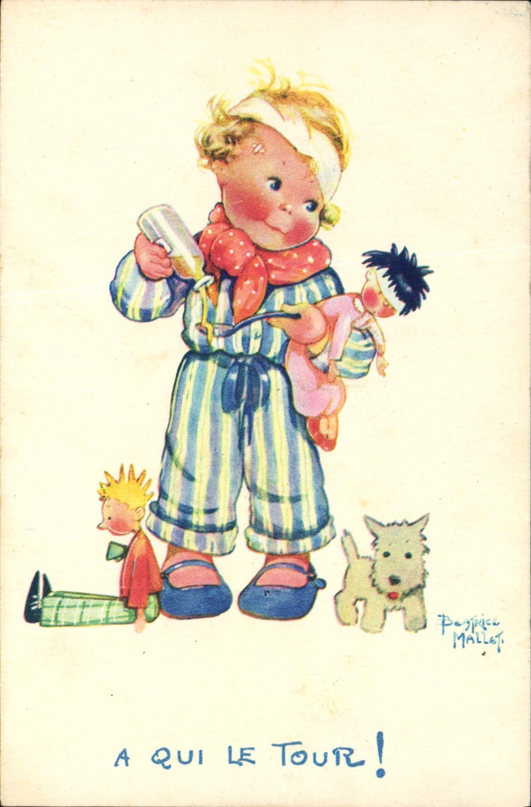 CPA Fantaisie Illustrateur Mallet Enfant A qui le tour Chien 